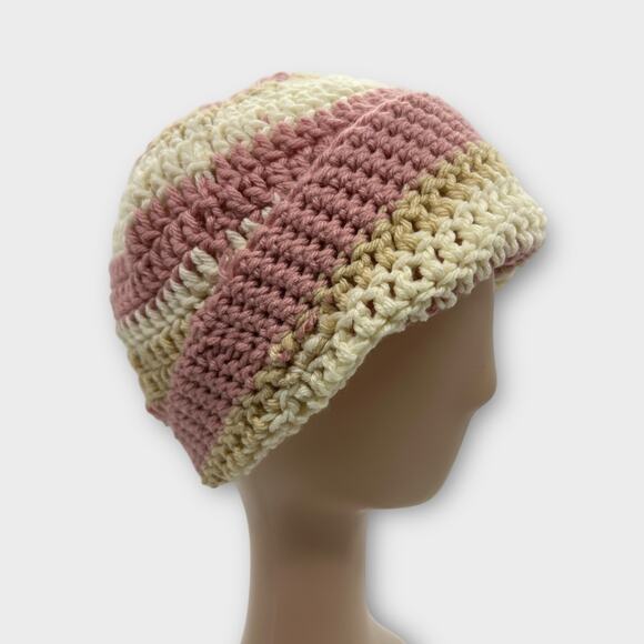Knit Woven Wide Pink Cream Stripe Beanie Knit Hat Outdoors Coquette XS - Picture 1 of 9